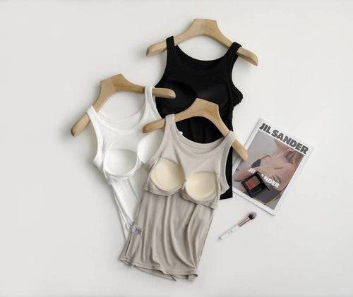 Rib tank top w built in bra -Charcoal