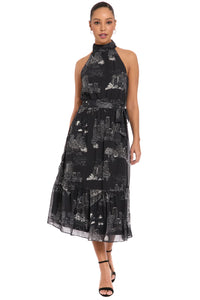 Elina Printed Toile Halter Ruffle Midi