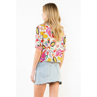 Printed V-Neck Button Stripe Cuff Top