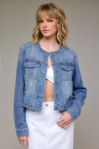 Collarless Denim Jean Jacket