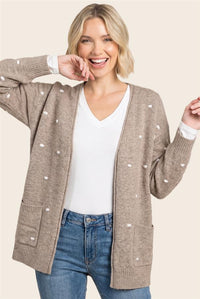 Pom-Pom Dots Open Front Cardigan-Mocha