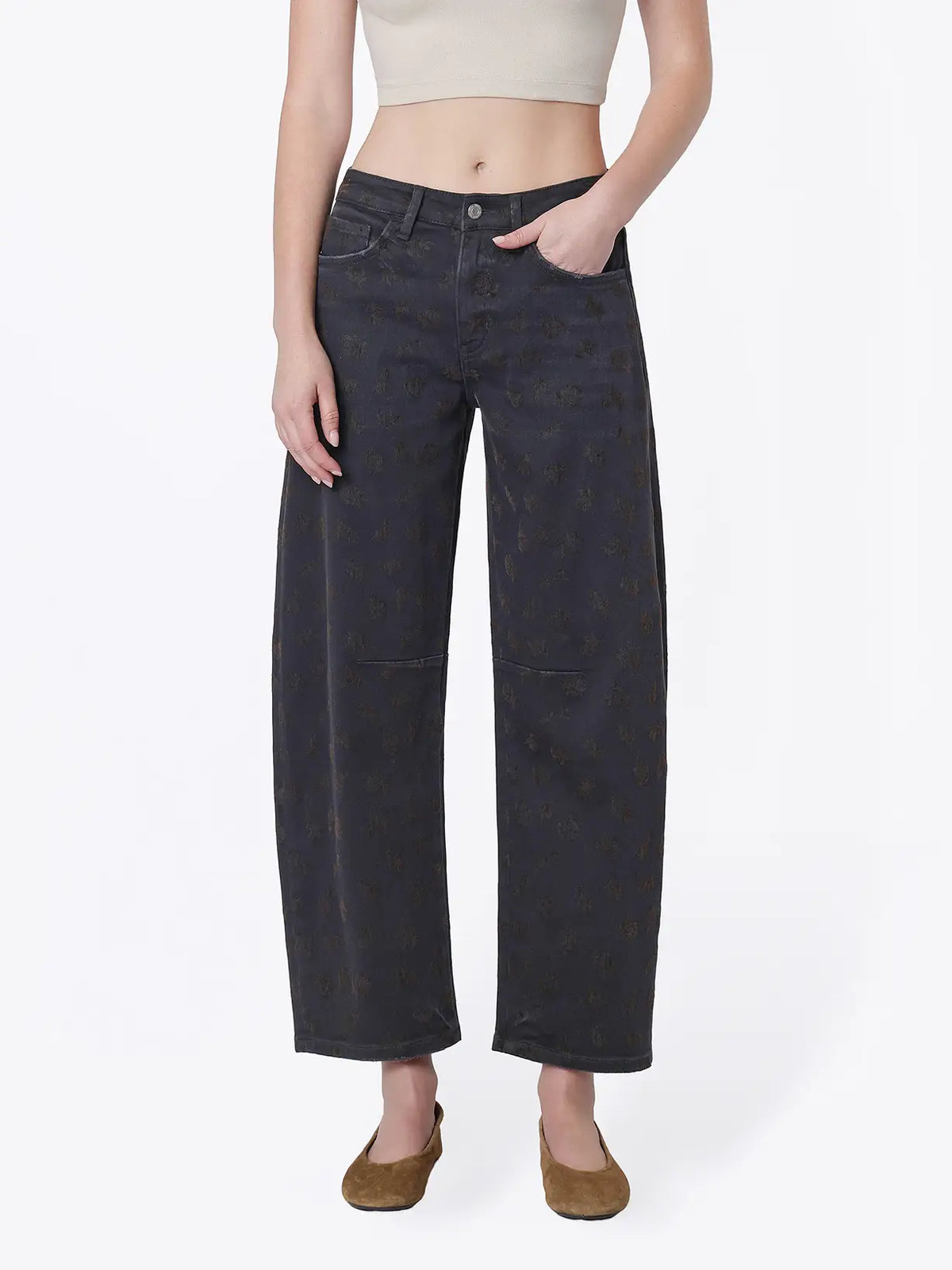 Black Floral Flocked Barrel Jeans