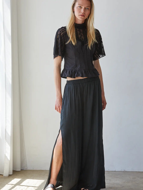Satin Wide Leg Pants-Black