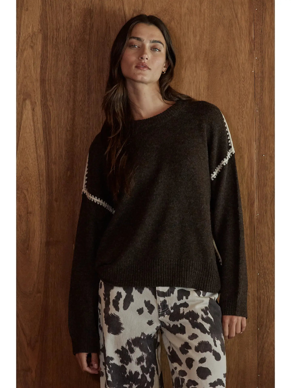 Stitch Detailed Crew Neck Sweater-Chocolate