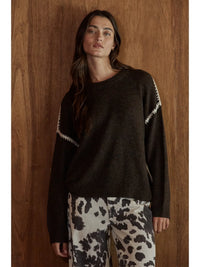 Stitch Detailed Crew Neck Sweater-Chocolate