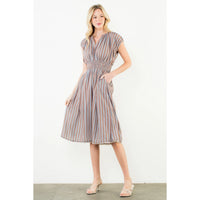 Striped Smocked Waist Short Sleeve Dress-Brown