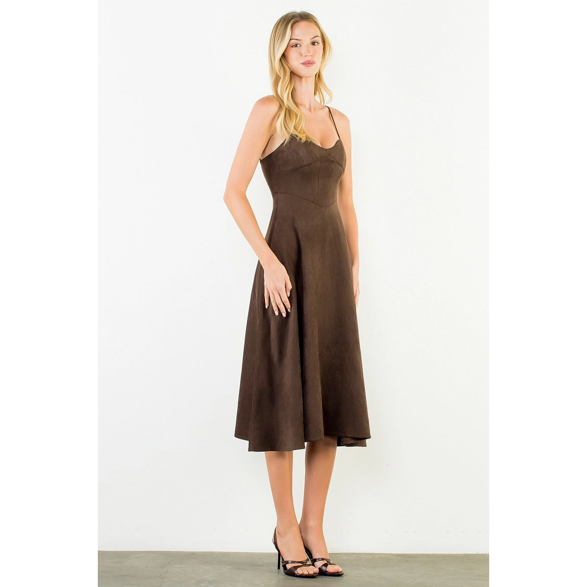 THML Suede Strapped Dress-Chocolate