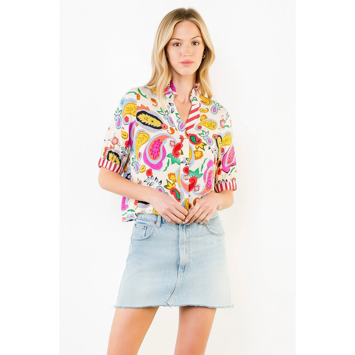 Printed V-Neck Button Stripe Cuff Top