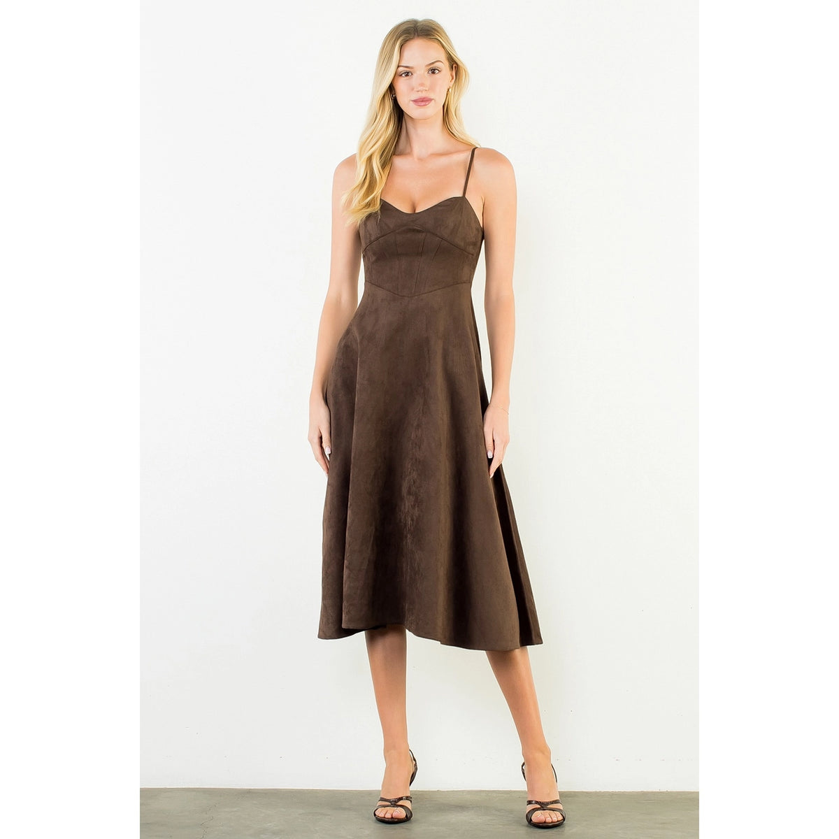 THML Suede Strapped Dress-Chocolate