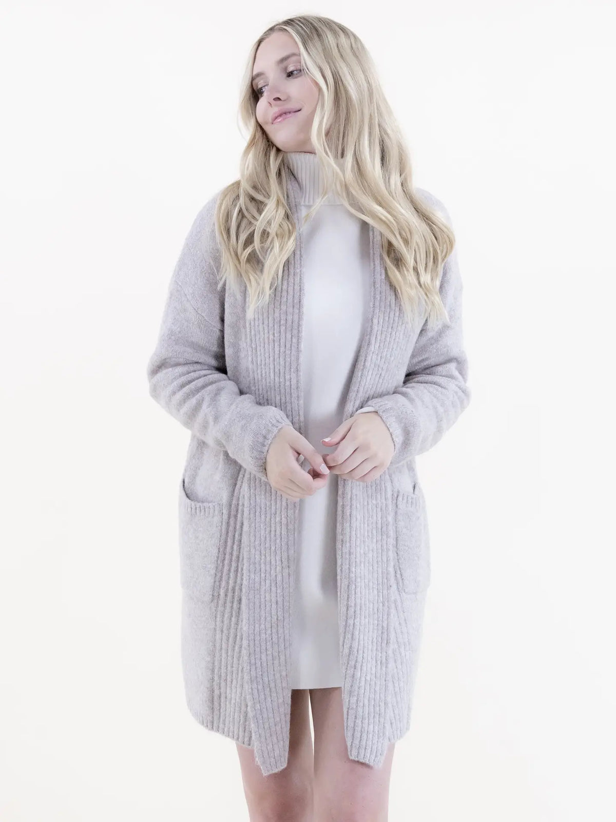 Ribbed Cardigan w/ Front Pockets-Khaki