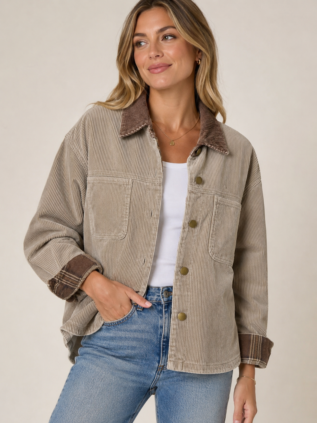 Corduroy Barn Shacket w/Plaid Contrast