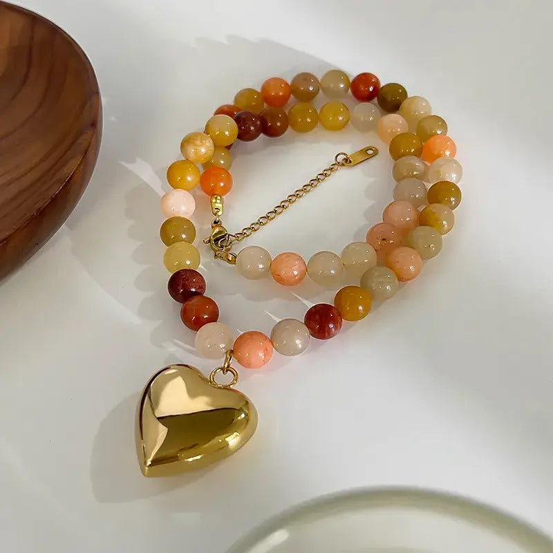 Stone Beaded Necklace with Heart Pendant