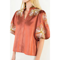 Shiny Floral Embroidered Top-Rust