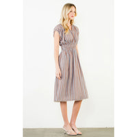 Striped Smocked Waist Short Sleeve Dress-Brown