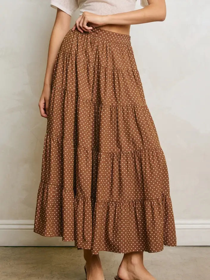 Tiered Polka Dot Maxi Skirt-Brown