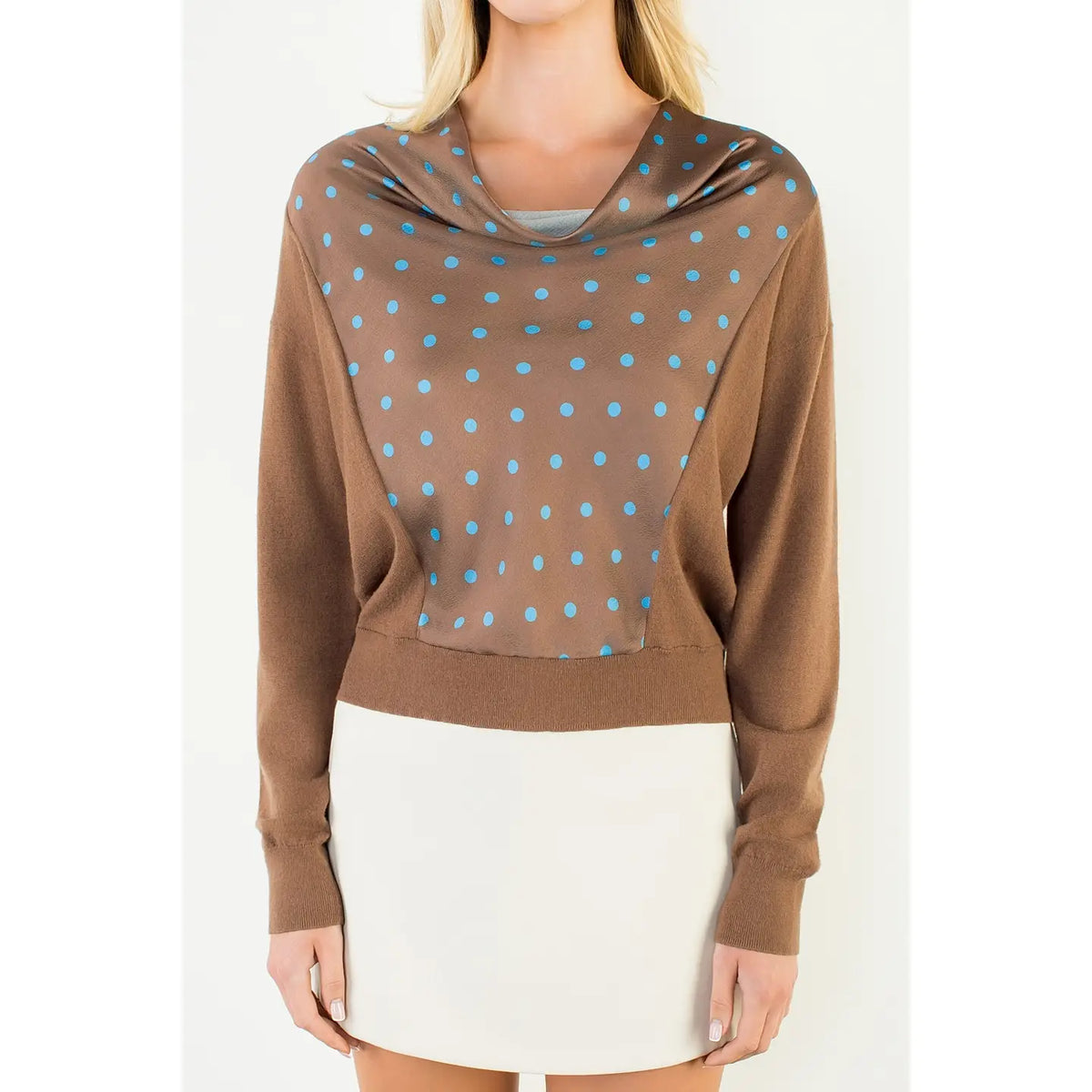 Cowl Neck Polka Dot Top-Brown