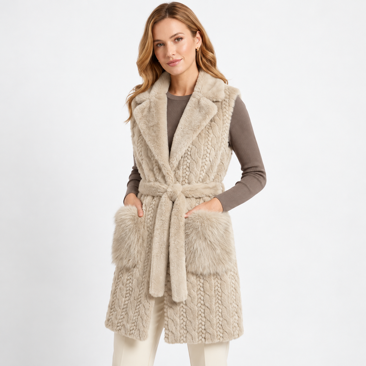 Fur Detail/Wrap Style Vest-Beige