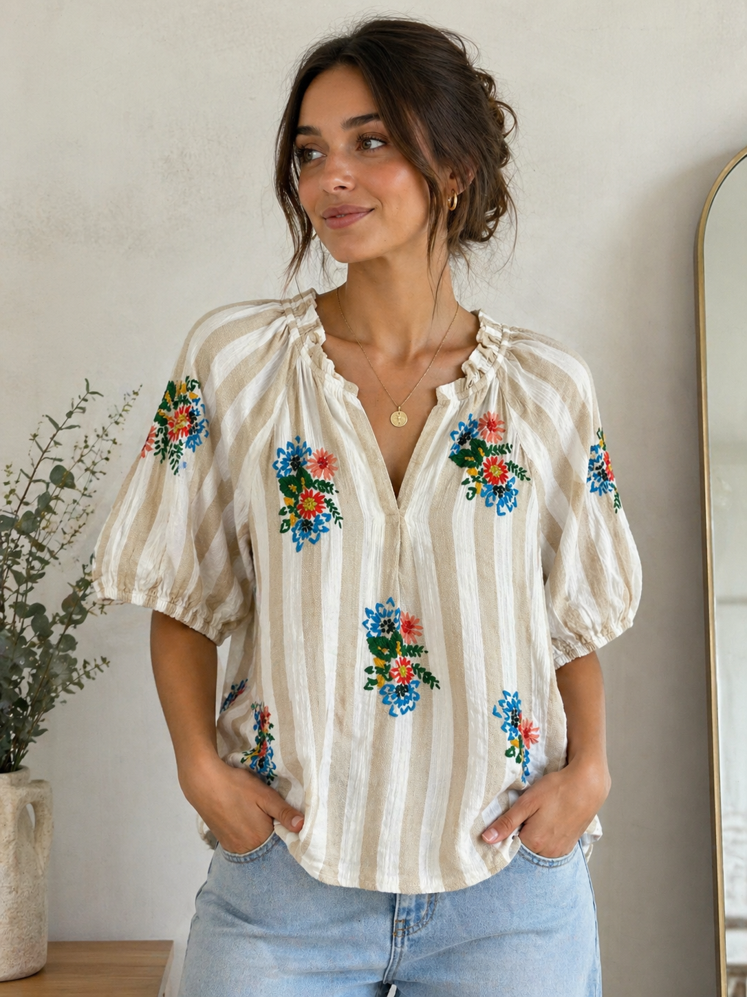 THML Striped Floral Embroidery Top