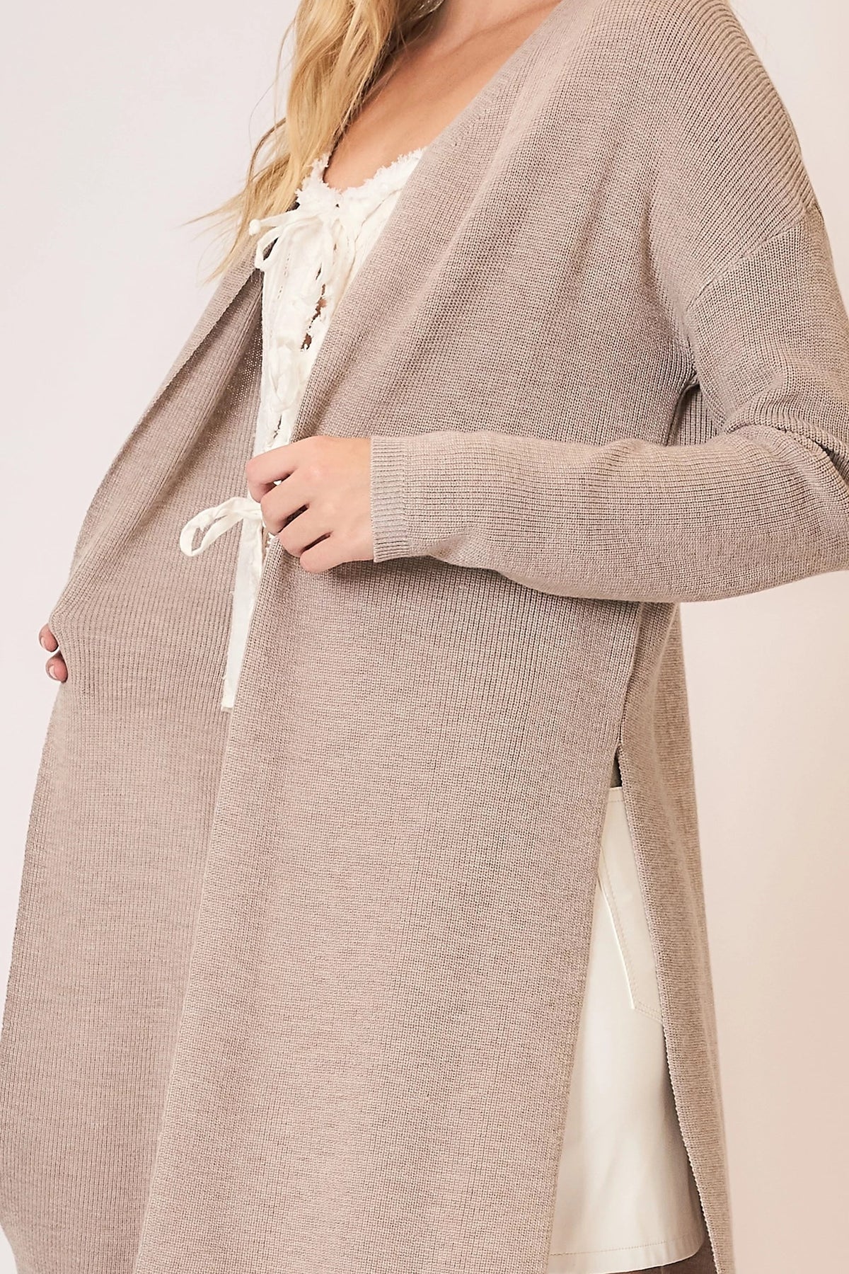 Open Cardigan with High Side Slits-Taupe