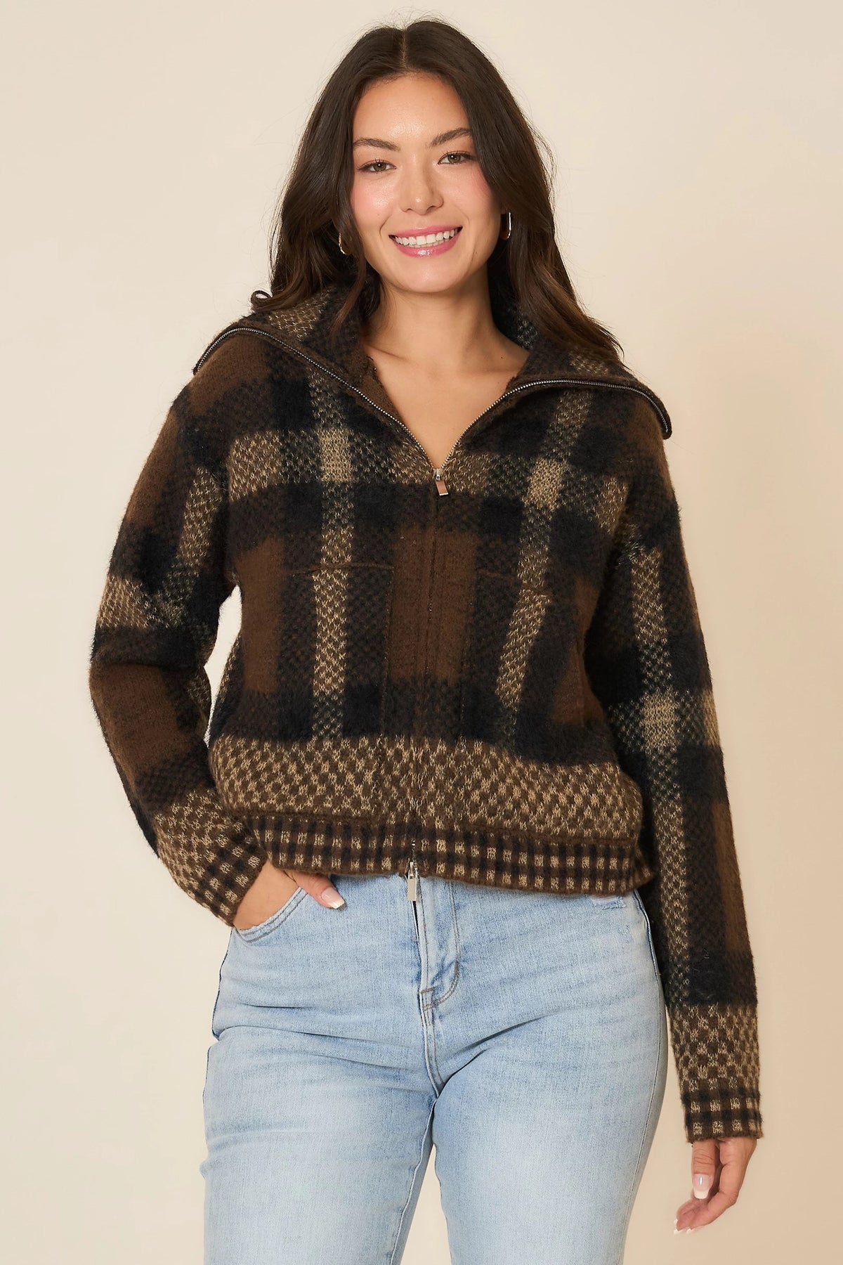 Plaid Zip Up Sweater