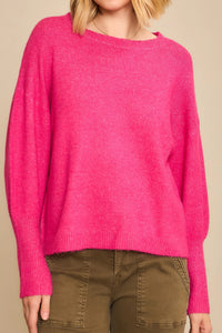 Long Cuff Crew Sweater-Fuchsia