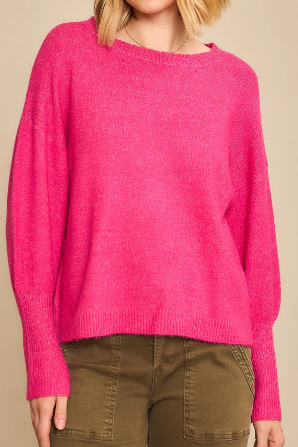 Long Cuff Crew Sweater-Fuchsia