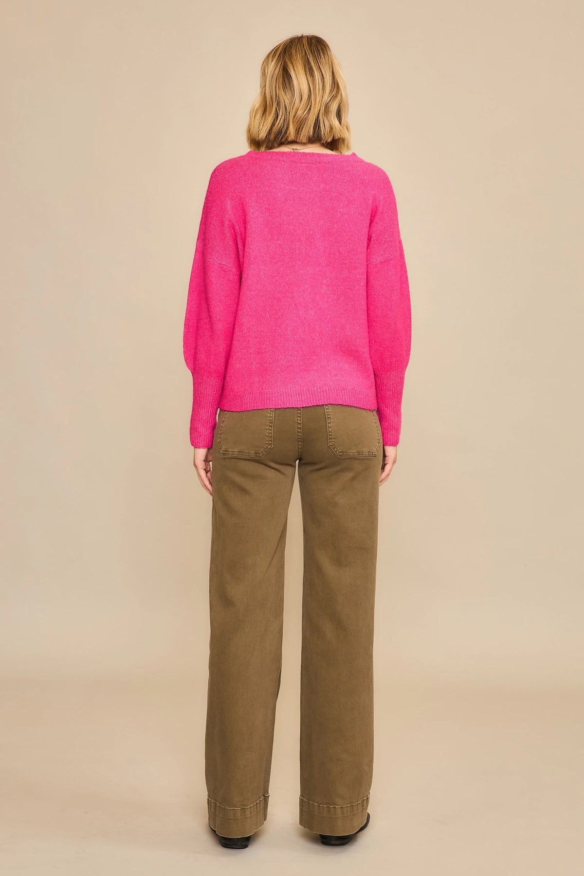 Long Cuff Crew Sweater-Fuchsia
