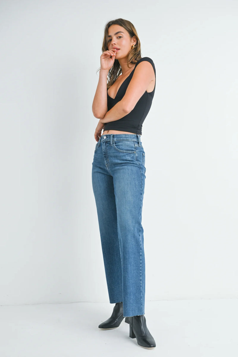 Slim Palazzo w/ Cut Hem Denim-Dark Wash
