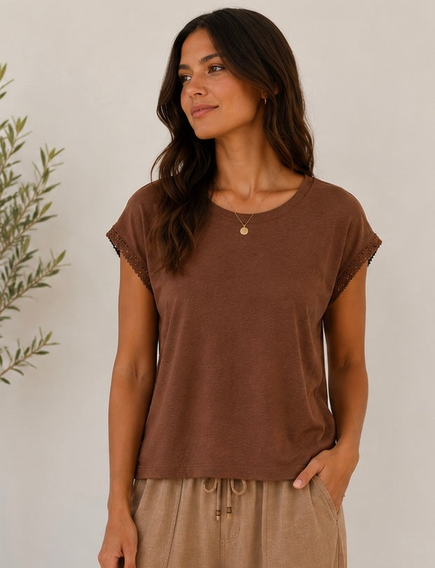Crew Neck Tee w/Chrochet Detail