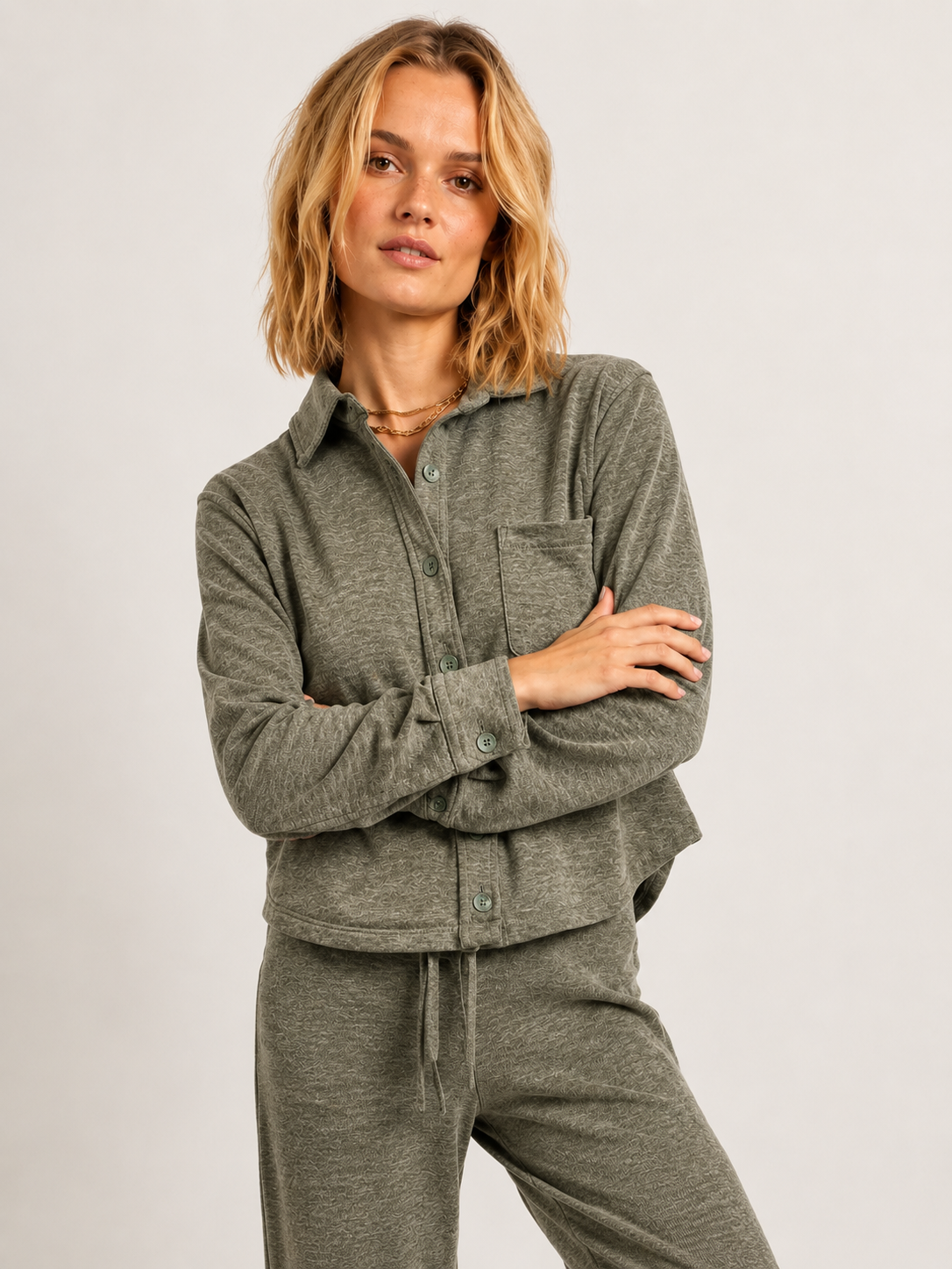Cropped Button Up Lounge Sweatshirt