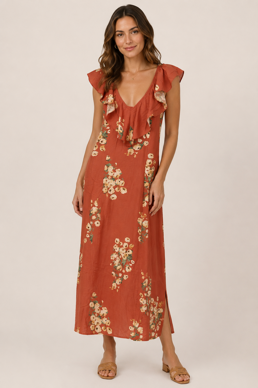 Ruffled Floral Dress-Clay