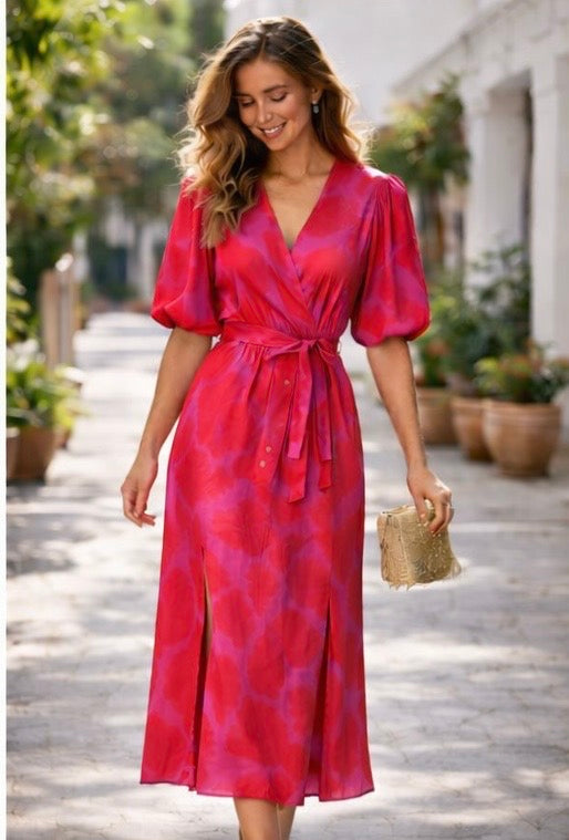 Puff Sleeve Floral Dress-Pink/Red