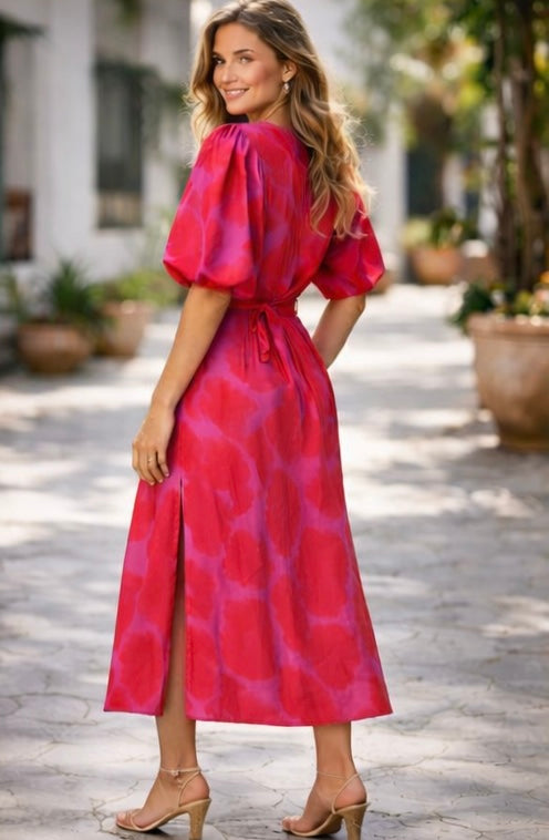 Puff Sleeve Floral Dress-Pink/Red