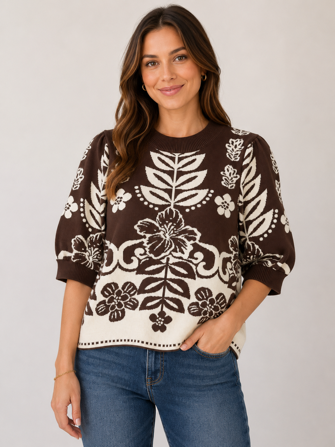 Printed Knit Short Sleeve Top-Brown