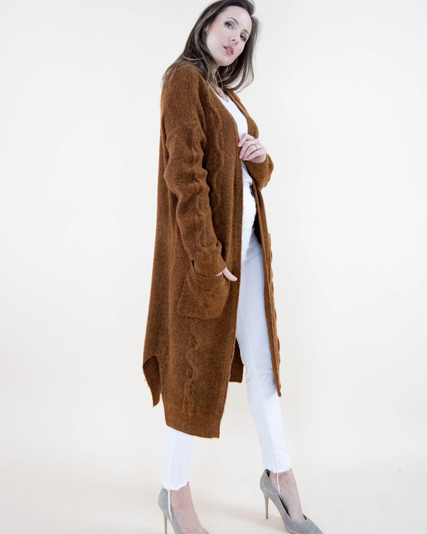 Long Chunky Knit Cardigan-Camel