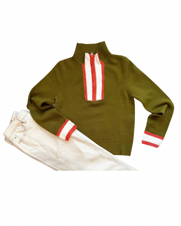Half Zip Sweater-Olive/Orange