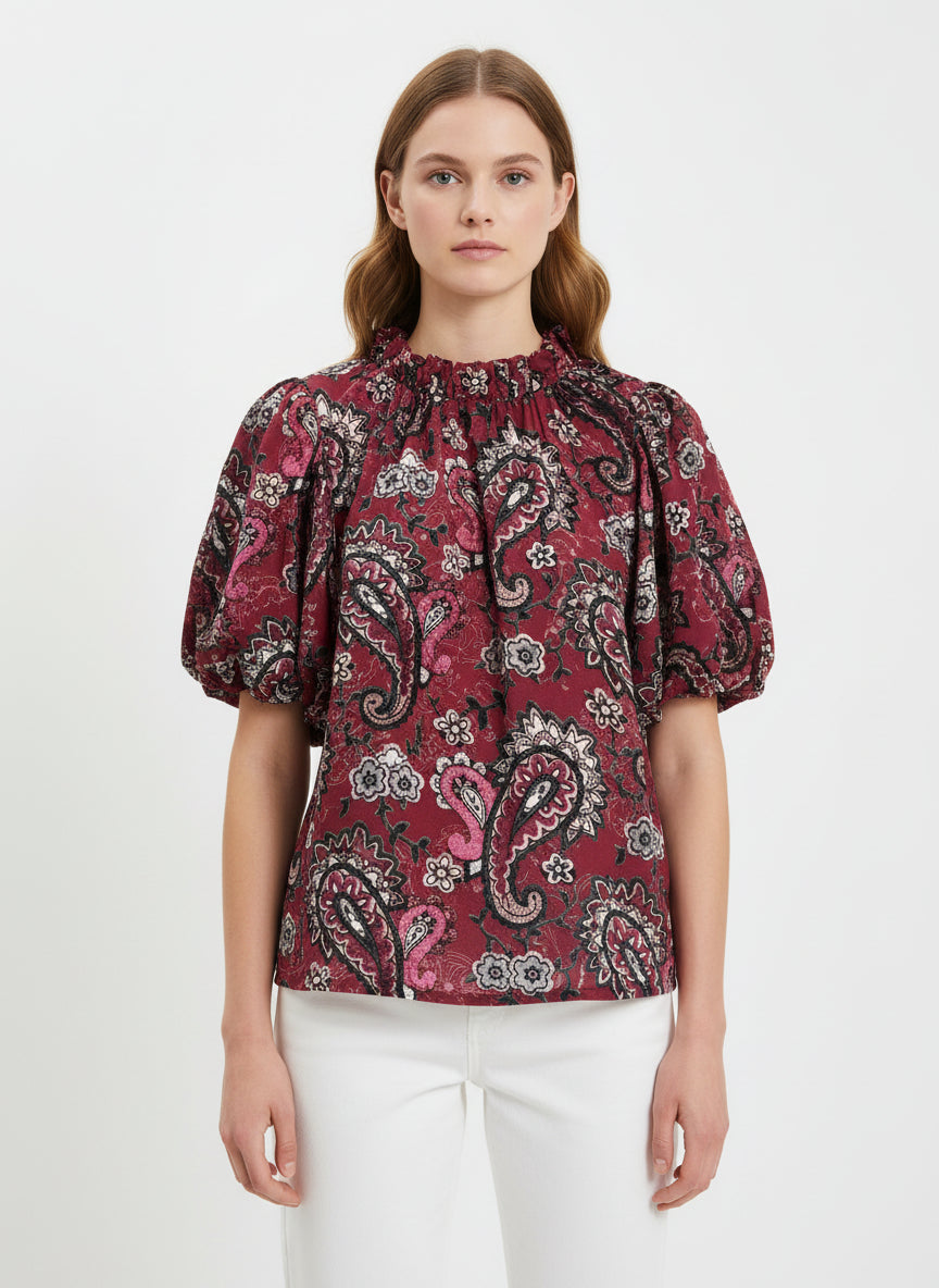Velvet Puff Sleeve Top-Wine Paisley