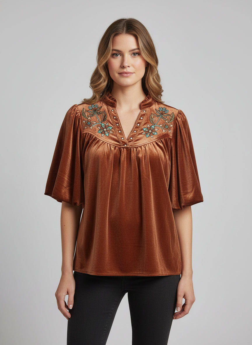 Velvet Puff Sleeve Embroidered Top-Terracotta