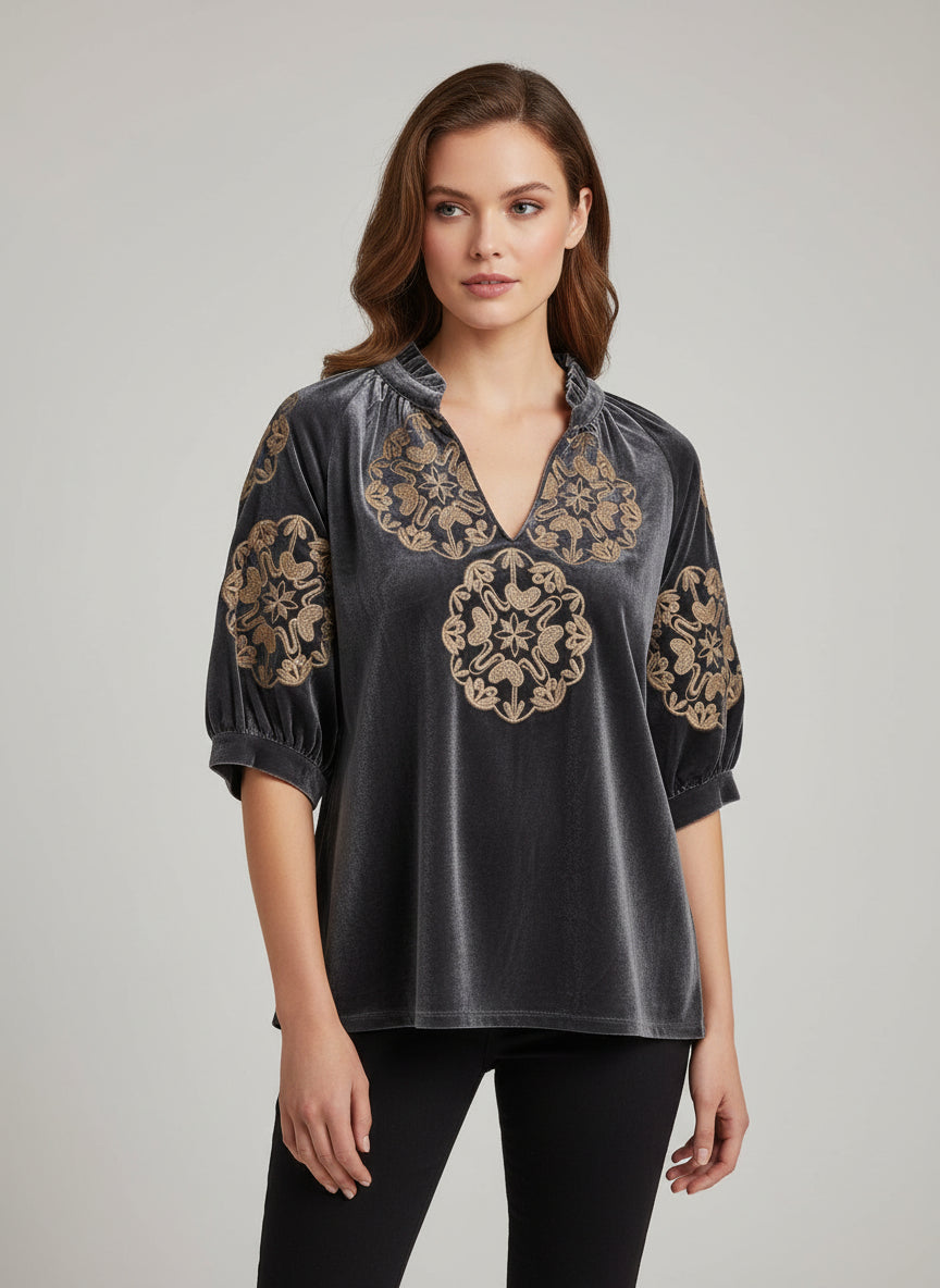 Puff Sleeve Embroidered Top-Grey