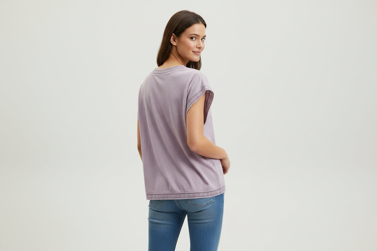 Dolman Lace Trim Tee-Lilac