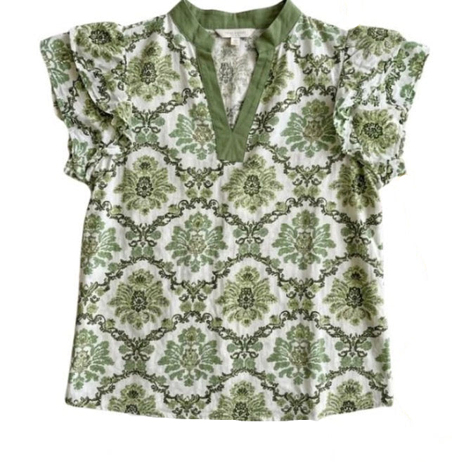 Double Ruffle Floral Top-Green