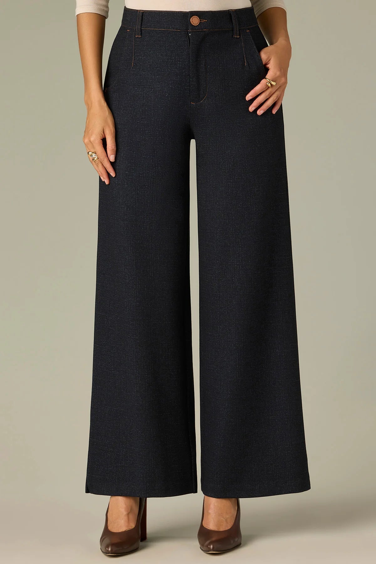Whitney Gold Seam Wide Leg Knit Pants with Slit Hem