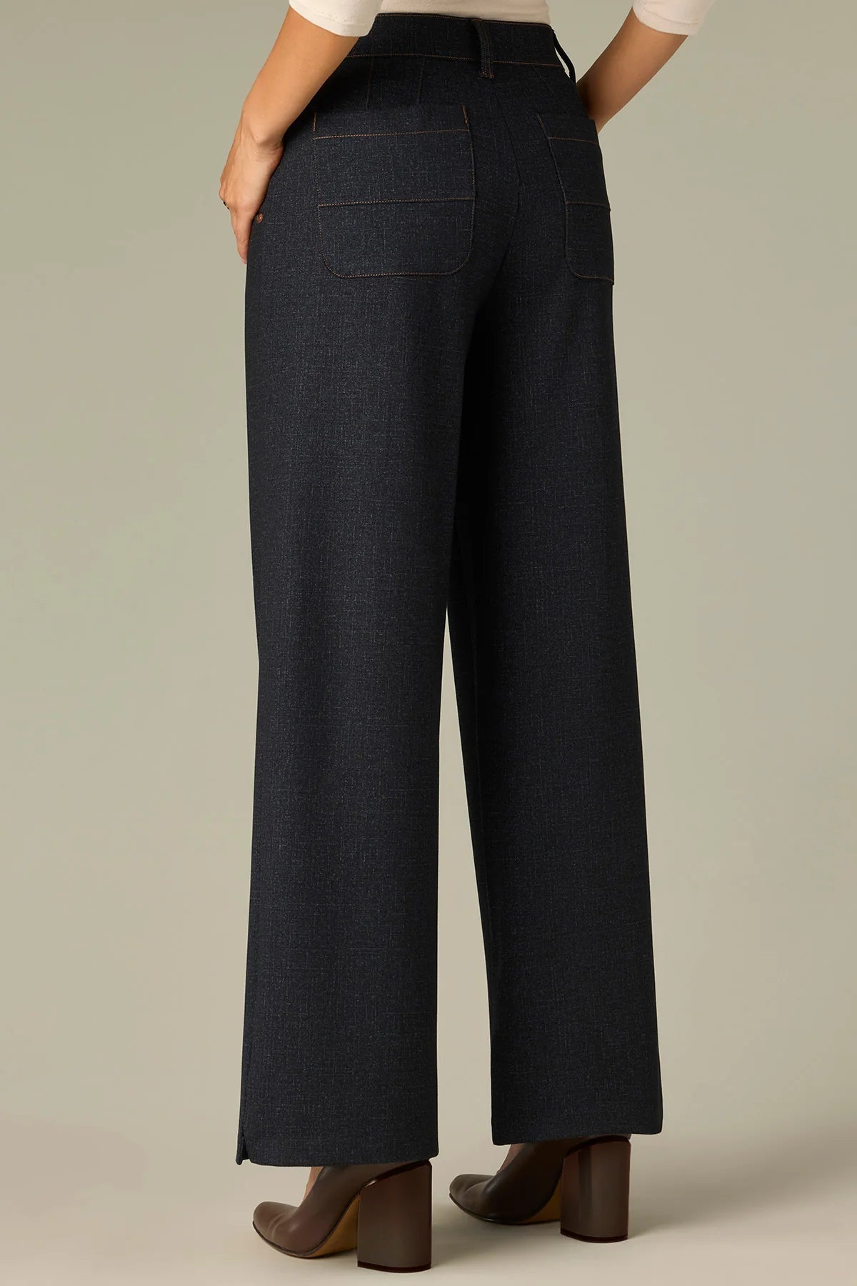 Whitney Gold Seam Wide Leg Knit Pants with Slit Hem