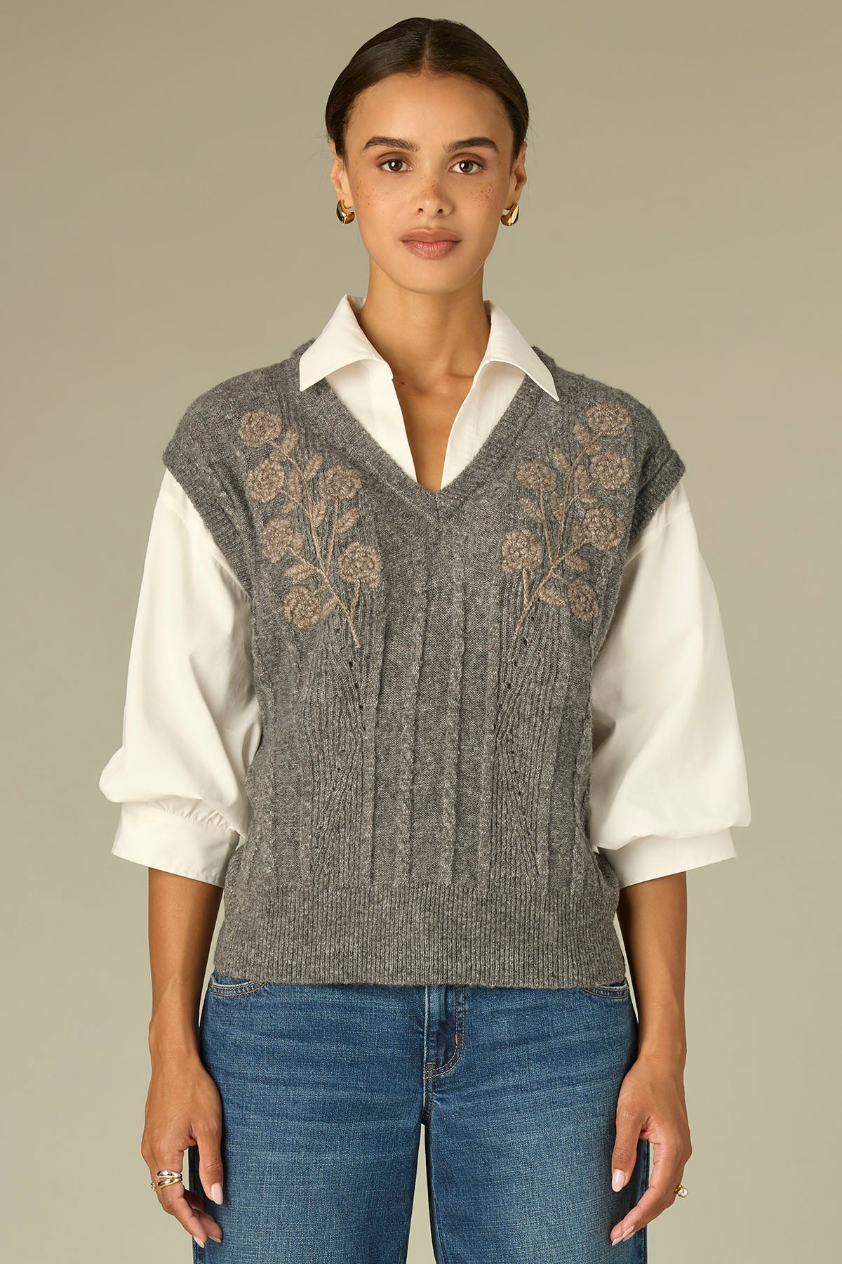 Embroidered Twofer Sweater Top