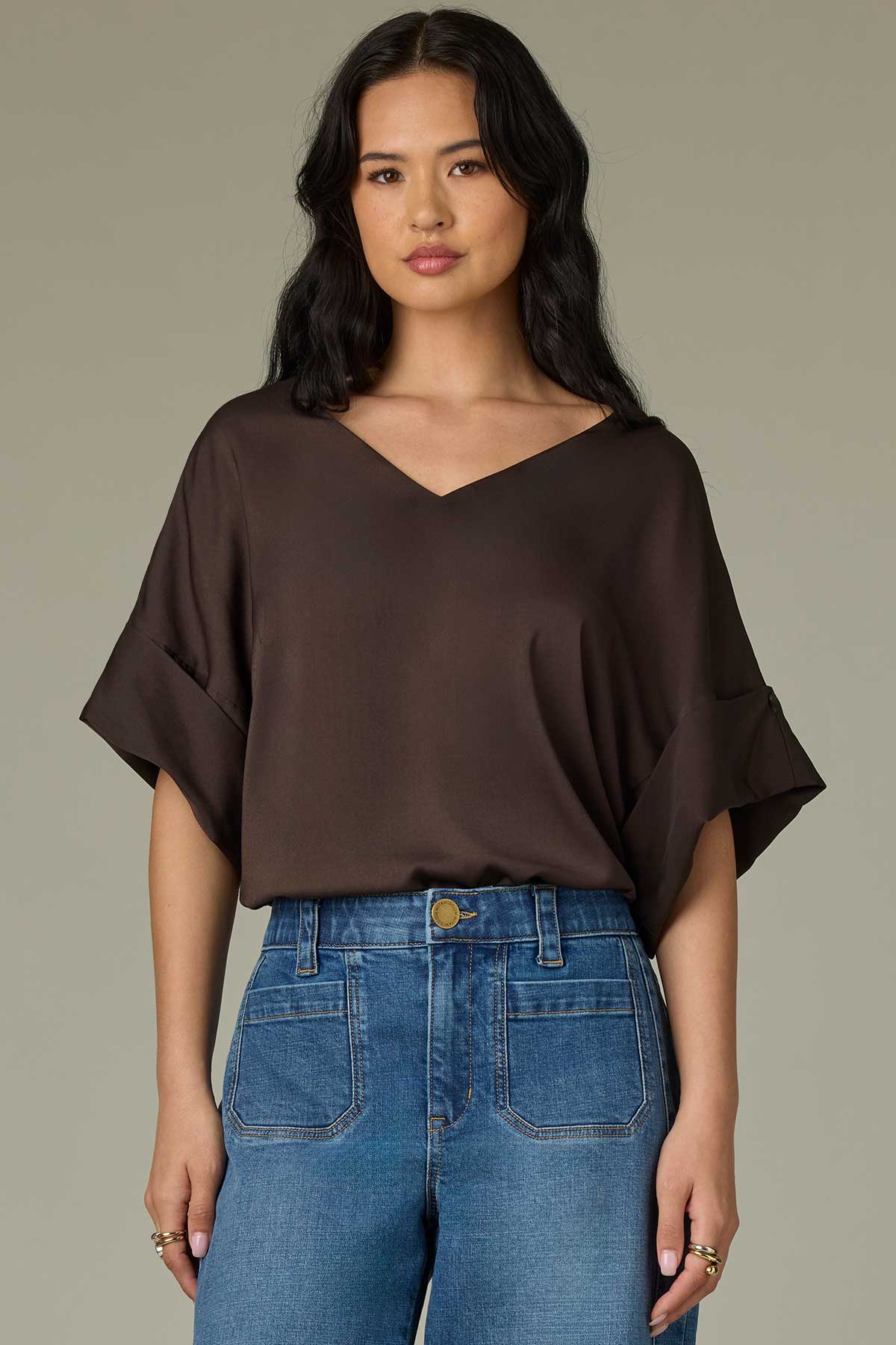 Dolman Short Sleeve Satin Blouse