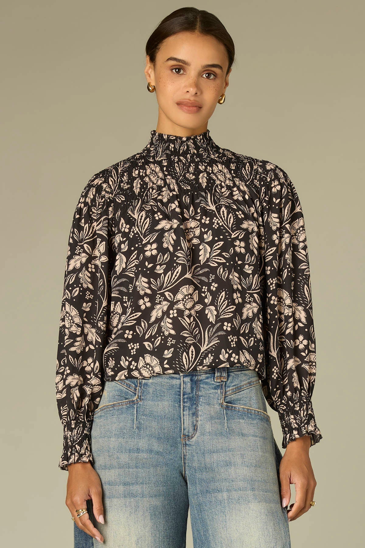 Smocked Turtleneck Floral Print Top