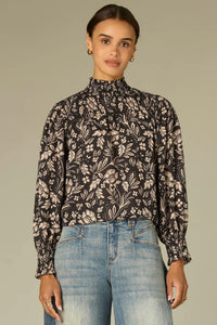 Smocked Turtleneck Floral Print Top
