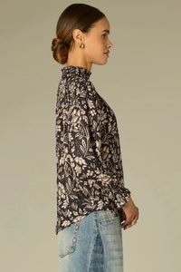 Smocked Turtleneck Floral Print Top