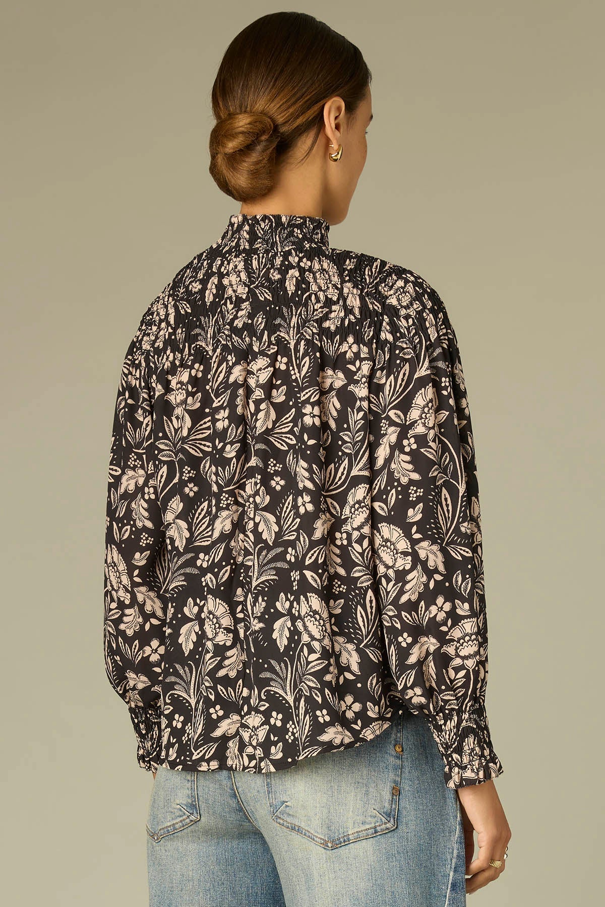 Smocked Turtleneck Floral Print Top