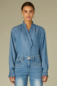 Ruffle Collar Button Down Denim Top